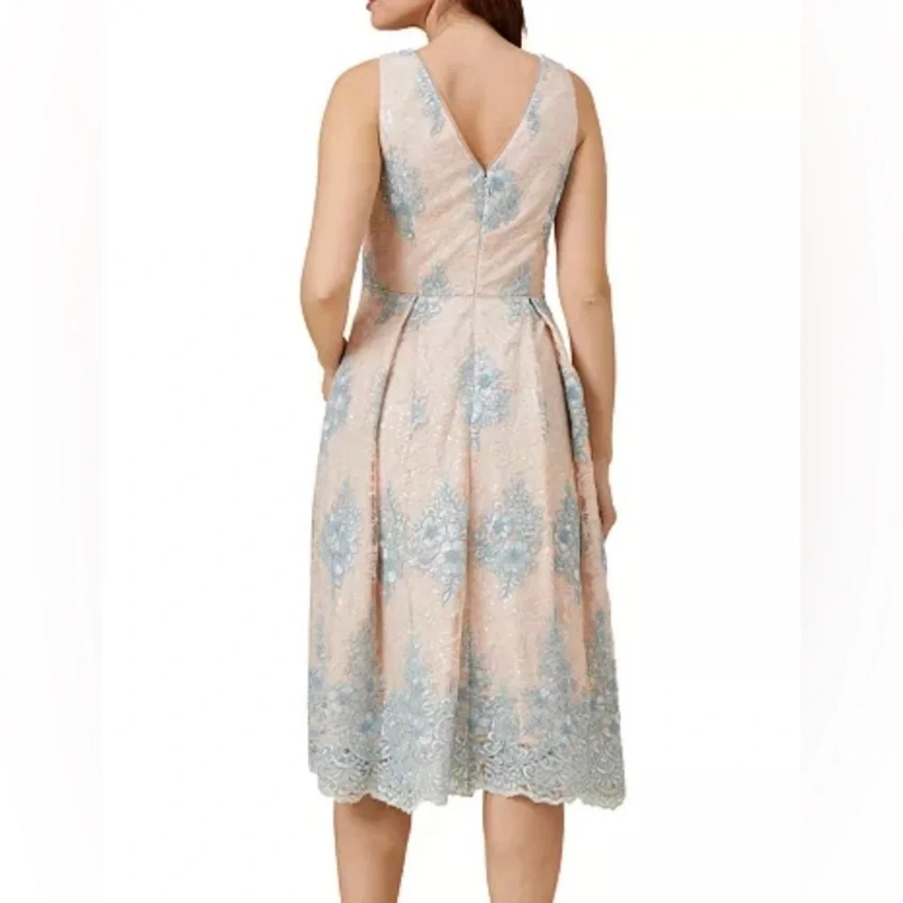 Adrianna Papell Cocktail Dress Blush Pink Baby blue Lace Fit & Flare Sz 18 READ